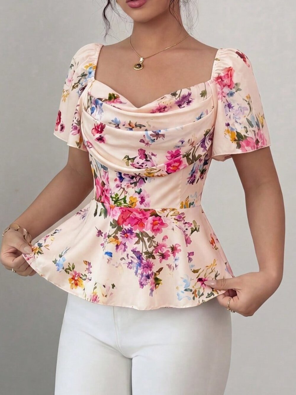 Multicolor Elegant Women's Romantic Printed Ruffle Collar Fitted Blouse